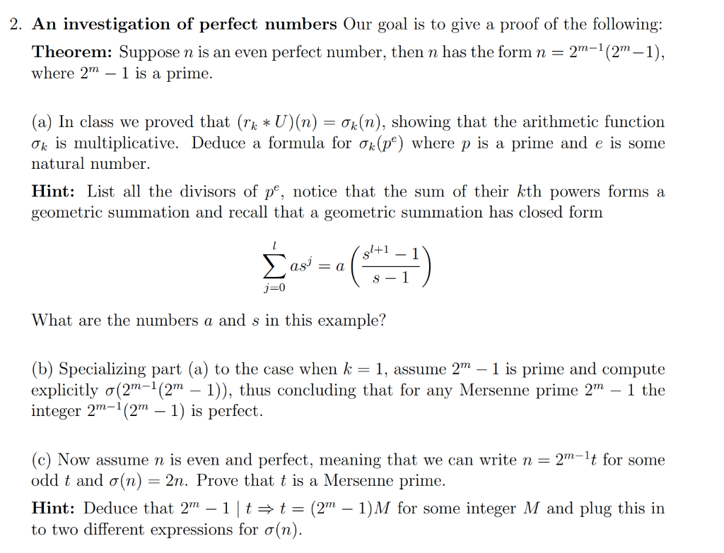 2 An Investigation Of Perfect Numbers Our Goal Is Chegg Com