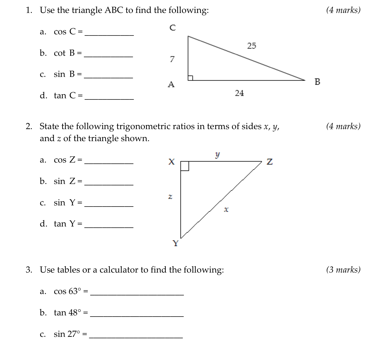 Solved 1. Use the triangle ABC to find the following: (4 | Chegg.com