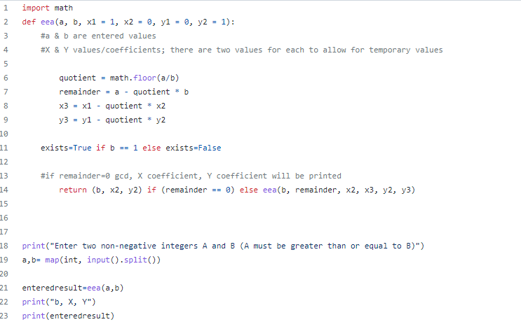 Solved 1 2 Import Math Def Eea(a, B, X1 = 1, X2 = 0, Y1 = 0, | Chegg.com