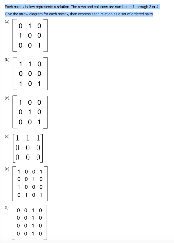 Solved Each matrix below represents a relation. The rows and