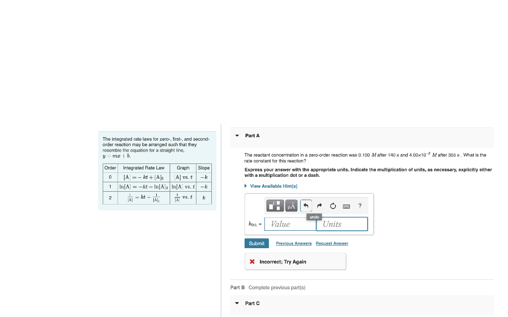 Solved Part A The integrated rate laws for zero-, first-, | Chegg.com