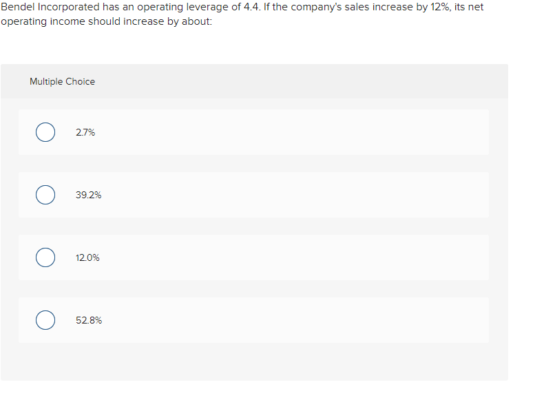 Solved Bendel Incorporated has an operating leverage of 4.4. | Chegg.com