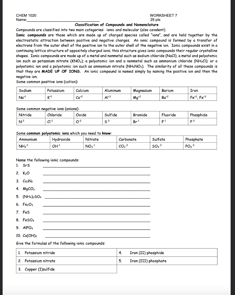 Solved CHEM 1020 WORKSHEET 7 Name: 25pts Classification of | Chegg.com