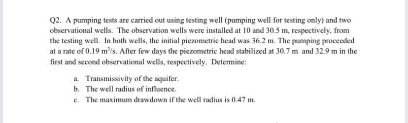 Solved Q2. A pumping tests are carried out using testing | Chegg.com