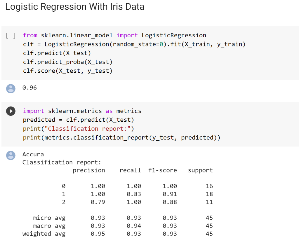 Logistic Regression With Iris Data [] from sklearn.linear_model import LogisticRegression clf = LogisticRegression (random_st