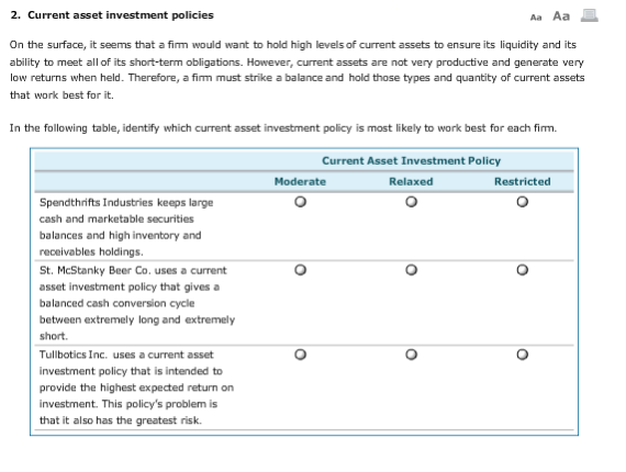 Solved 2. Current asset investment policies a Aa On the | Chegg.com