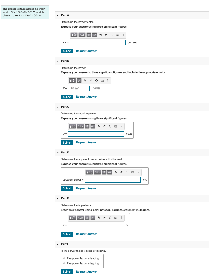 Solved The phasor voltage across a certain load is V = 1000 | Chegg.com