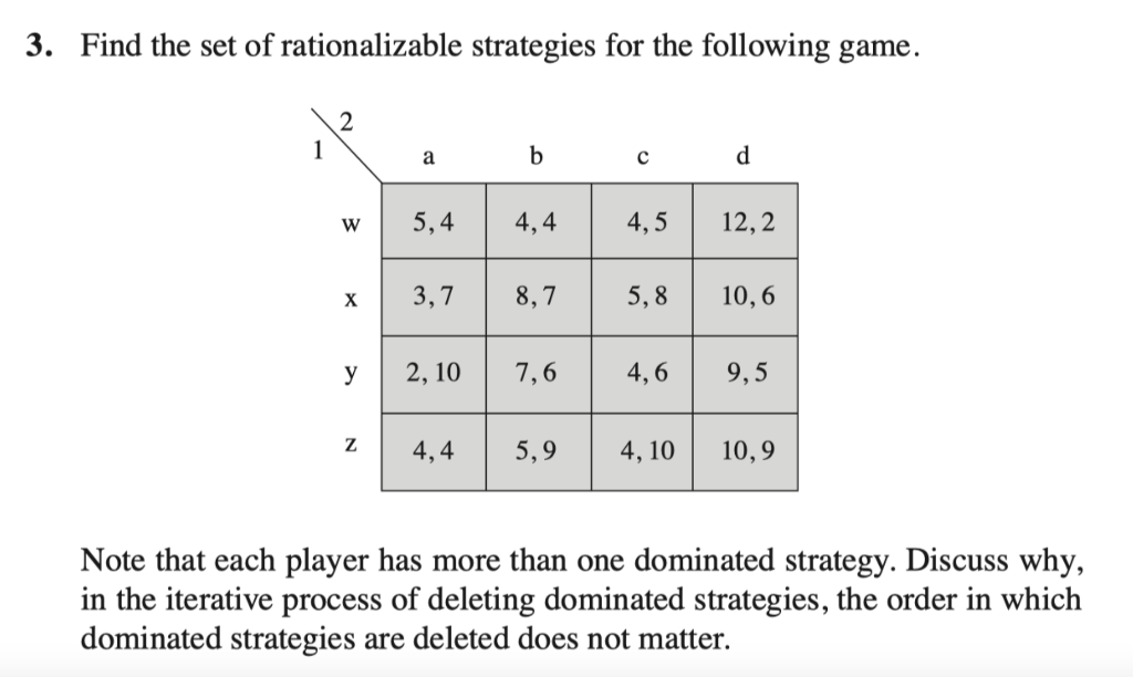 Solved 3. Find the set of rationalizable strategies for the