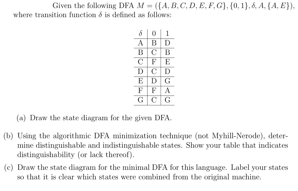 Solved Given the following DFA M ({A. B. C. D. E. F. G), {0, | Chegg.com