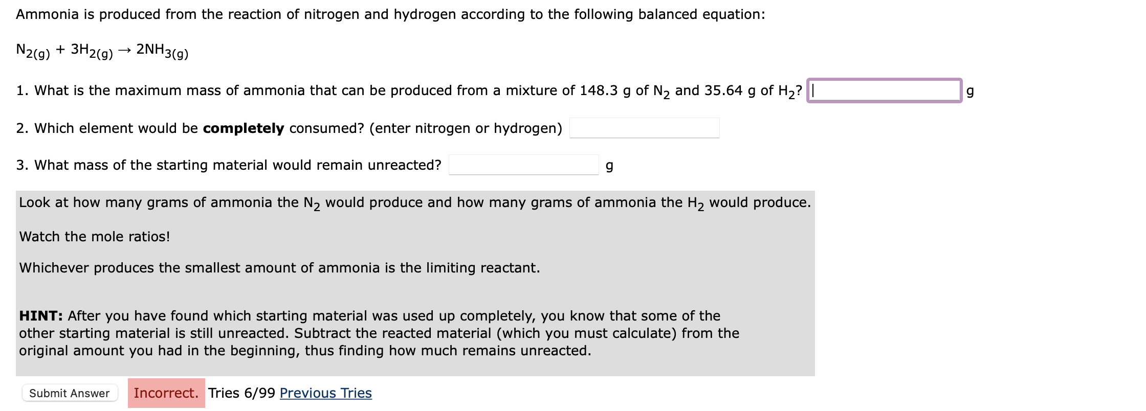 Ammonia is produced from the reaction of nitrogen and hydrogen according to the following balanced equation:
\[
\mathrm{N}_{2