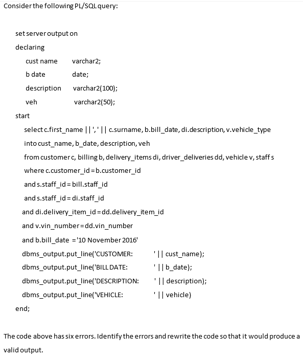 Consider the following PL/SQL query: set server | Chegg.com