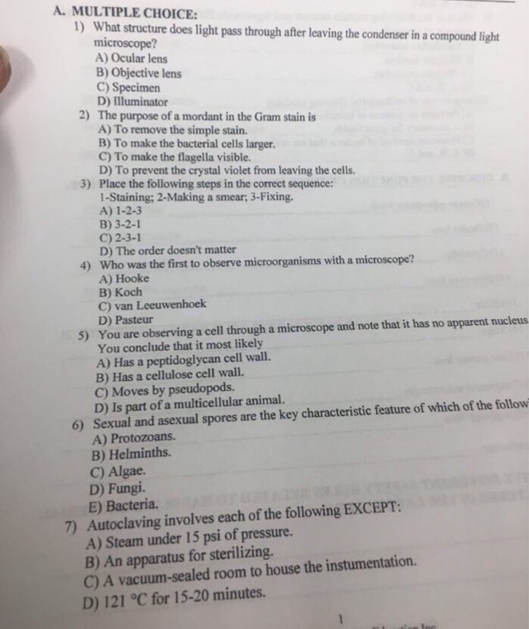 Solved A. Multiple Choice: 1) What Structure Does Light Pass 