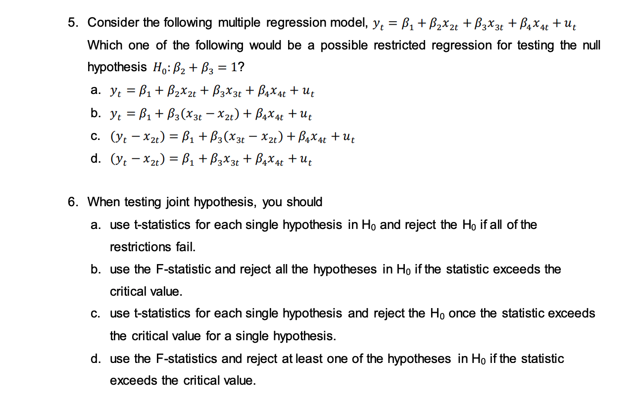 5. Consider The Following Multiple Regression Model, | Chegg.com