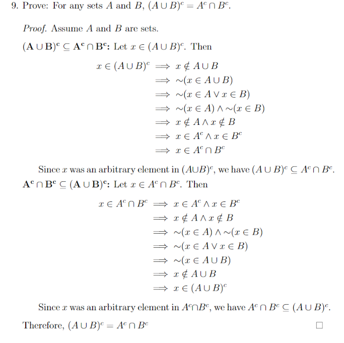 Solved Prove: For Any Sets A And B, (A-B)^c = A^c ∪ B In | Chegg.com