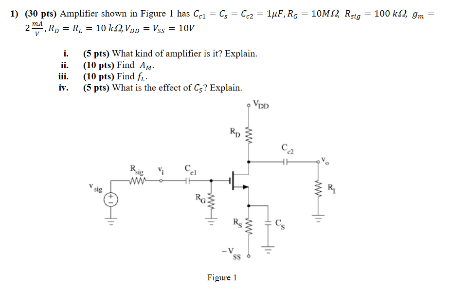 Solved 1) (30 pts) Amplifier shown in Figure 1 has Cci = Cs | Chegg.com