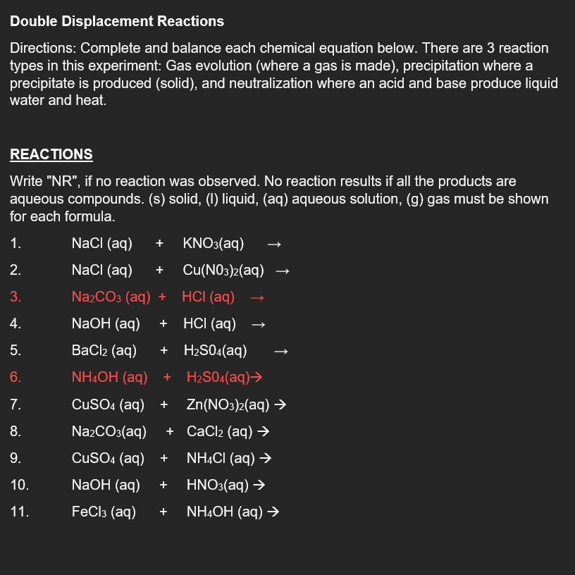 Solved Double Displacement Reactions Directions Complete 6295