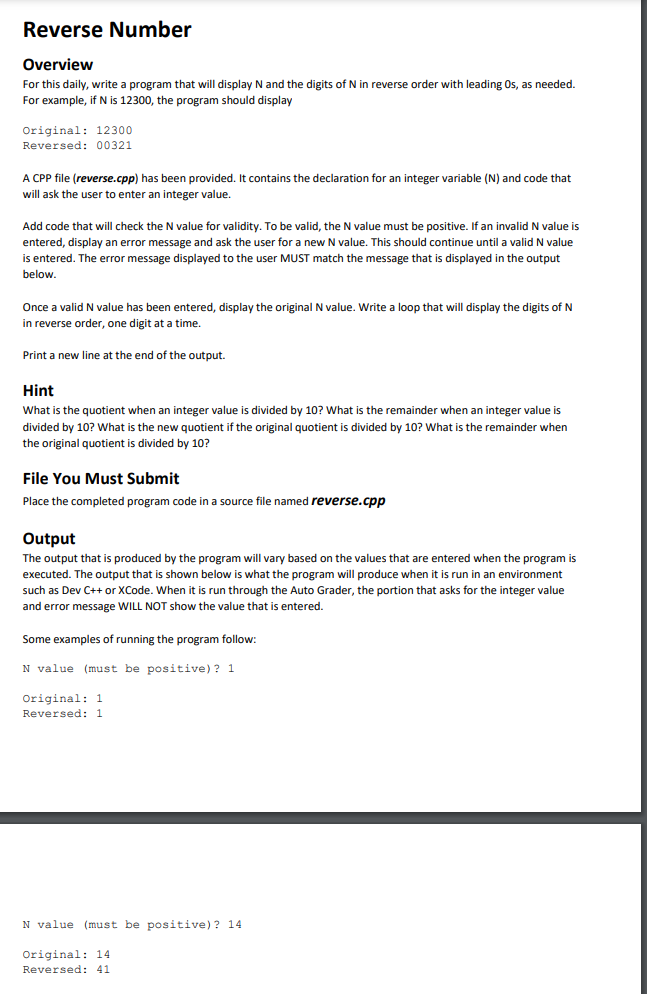 Solved Reverse Number Overview For this daily, write a | Chegg.com