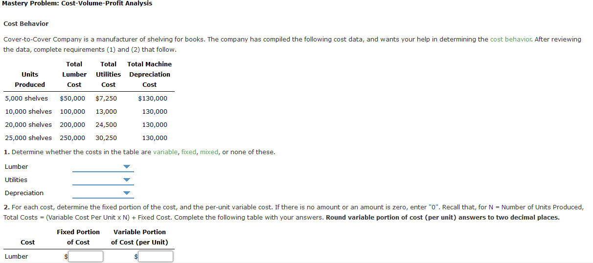 Solved Mastery Problem CostVolumeProfit Analysis Cost