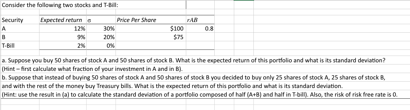 Solved Consider The Following Two Stocks And T-Bill: A. | Chegg.com