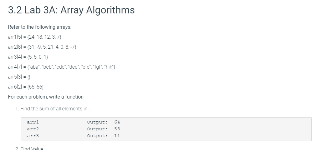 Solved 3.2 Lab 3A: Array Algorithms Refer to the following | Chegg.com