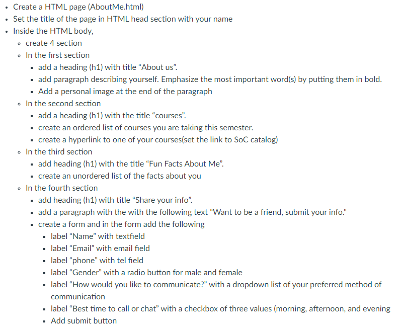 Solved - Create a HTML page (AboutMe.html) - Set the title | Chegg.com