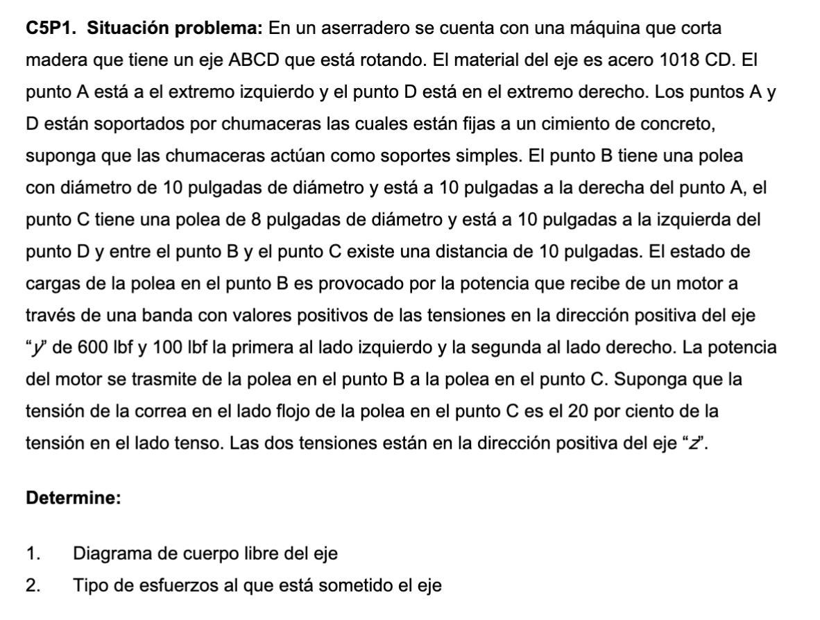 C5P1. Situación problema: En un aserradero se cuenta con una máquina que corta madera que tiene un eje \( A B C D \) que está