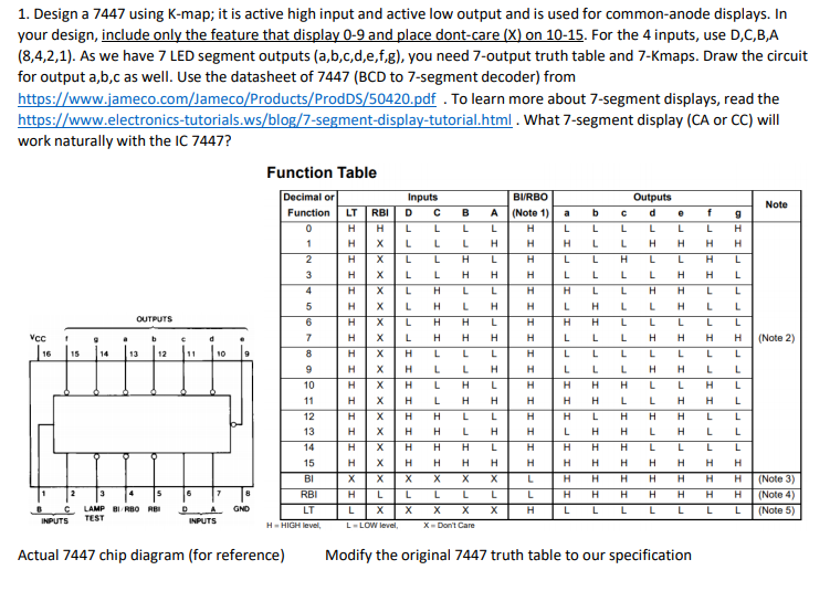 Solved 1. Design a 7447 using K-map; it is active high input | Chegg.com
