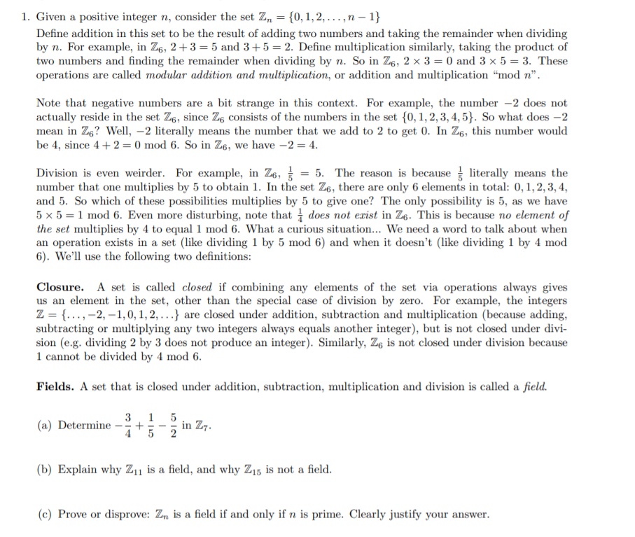 Solved 1. Given a positive integer n, consider the set Zn = | Chegg.com