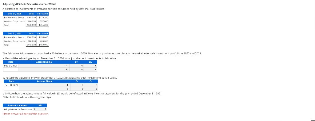 Solved Adjusting AFS Debt Securities to Fair Value A | Chegg.com