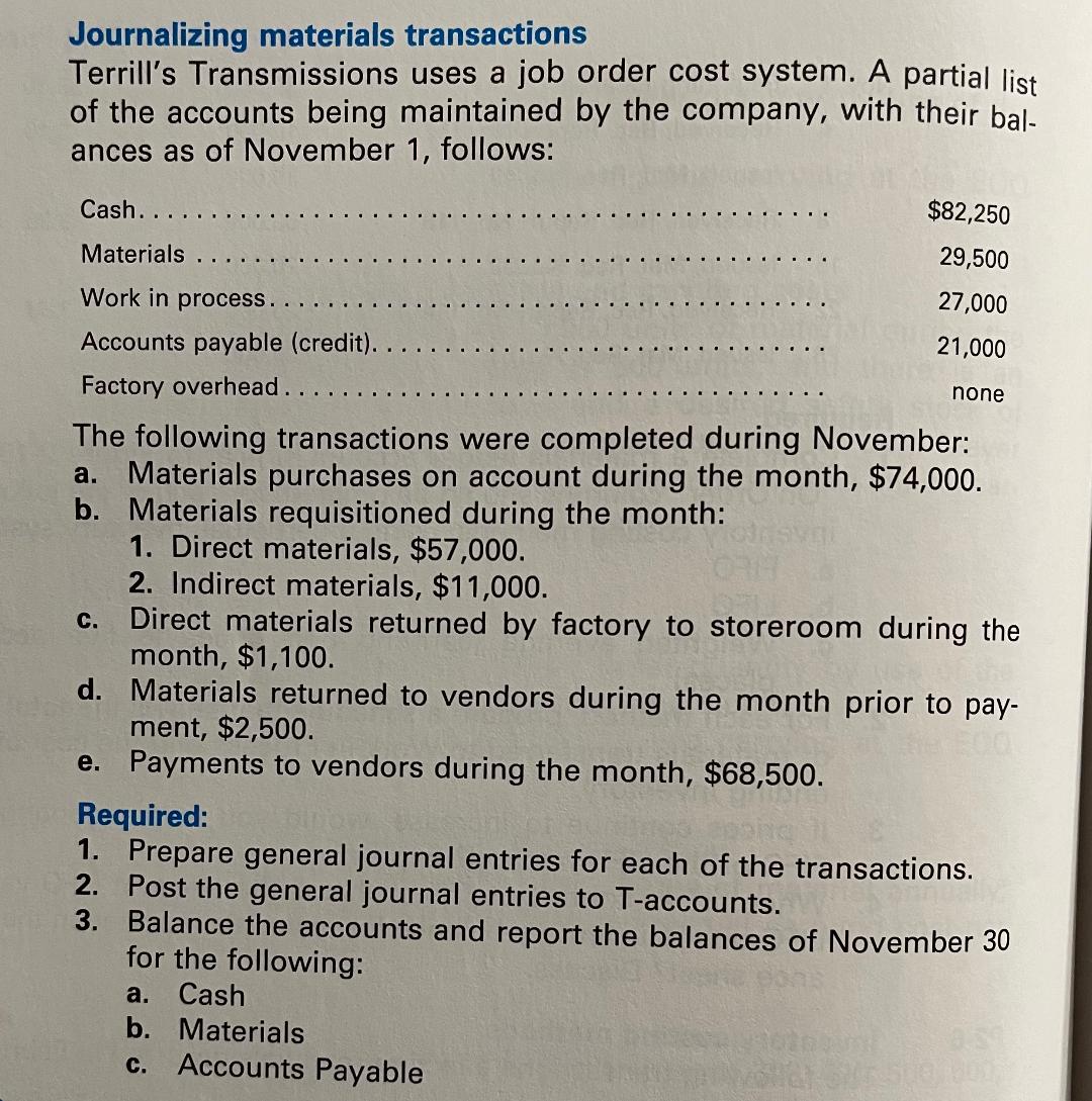 Solved Journalizing materials transactions Terrill's | Chegg.com