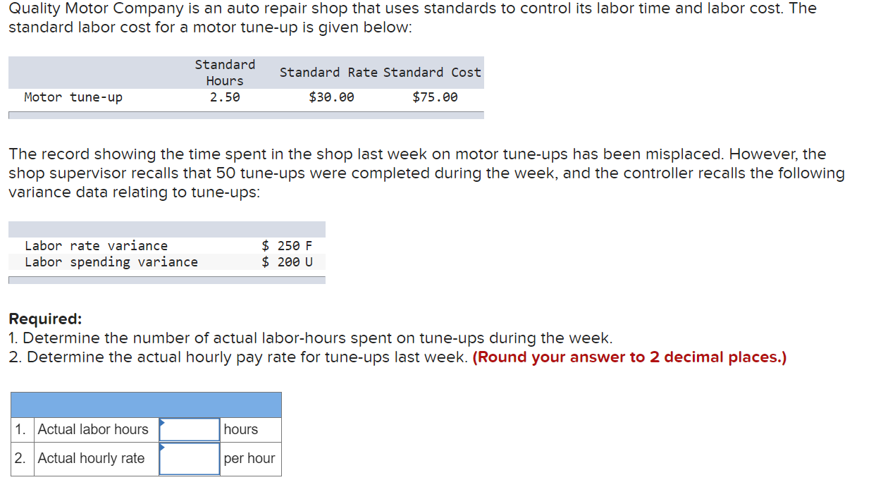 Solved Quality Motor Company is an auto repair shop that