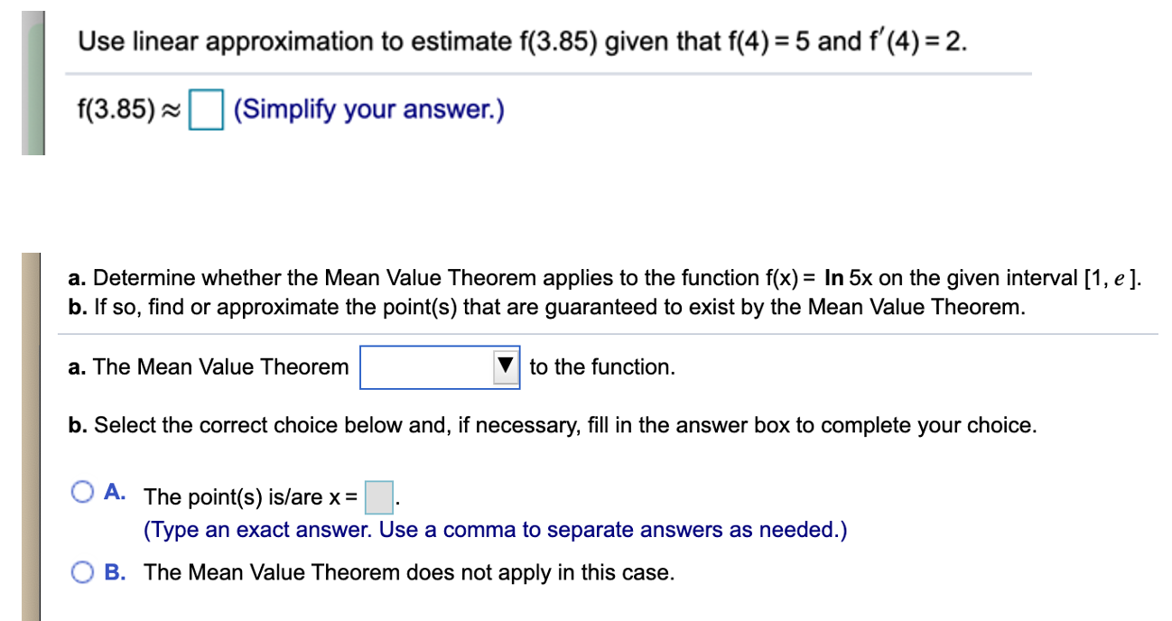 Solved Use linear approximation to estimate f(3.85) given | Chegg.com