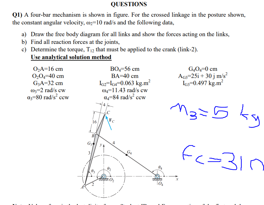 Q1) A Four-bar Mechanism Is Shown In Figure. For The | Chegg.com