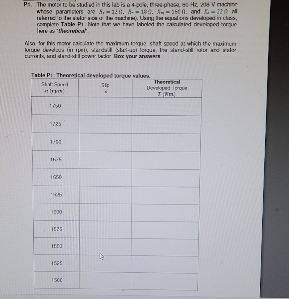 Motor R4 Table Solved P1. The motor to be studied in this lab is a 4-pole, | Chegg.com