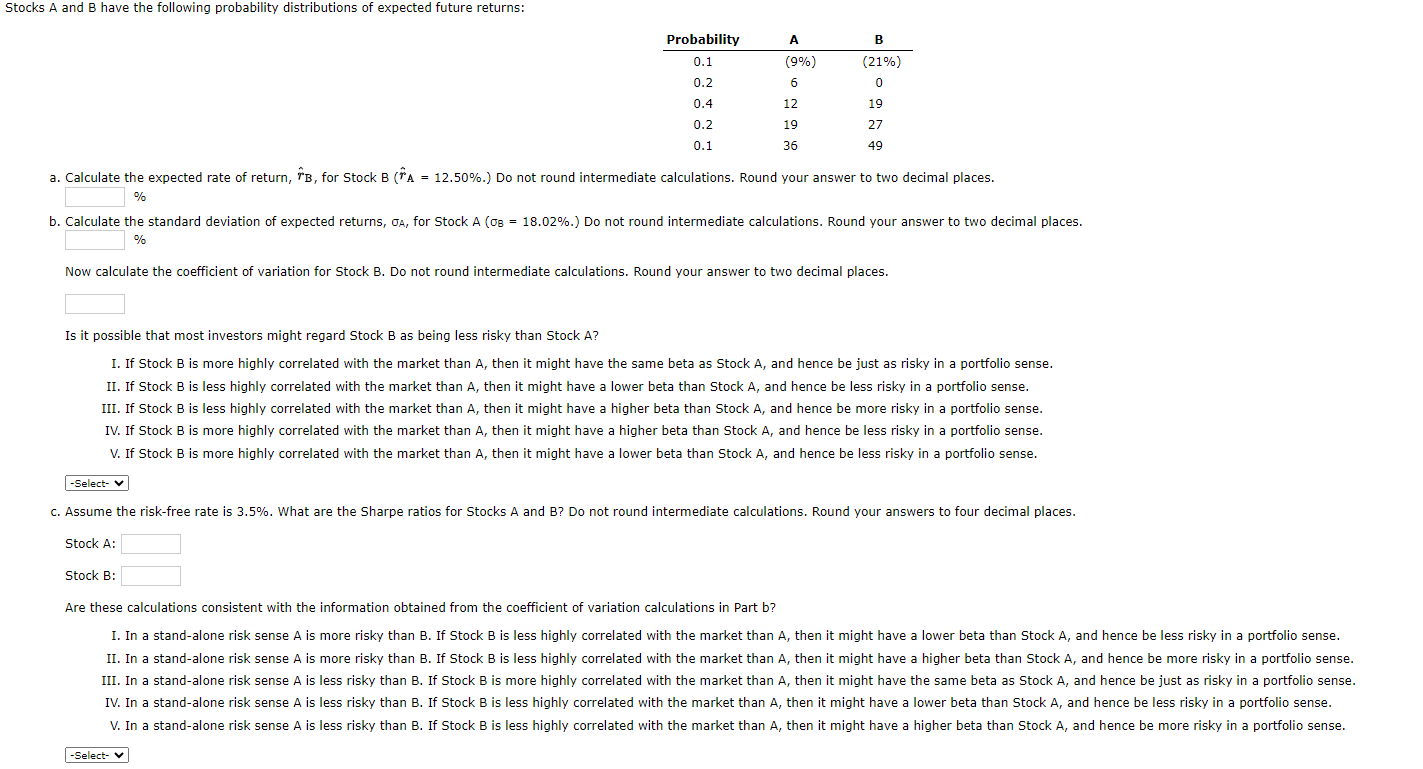 Solved Stocks A And B Have The Following Probability | Chegg.com