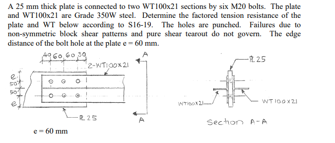 Solved A 25 mm thick plate is connected to two WT100x21 | Chegg.com