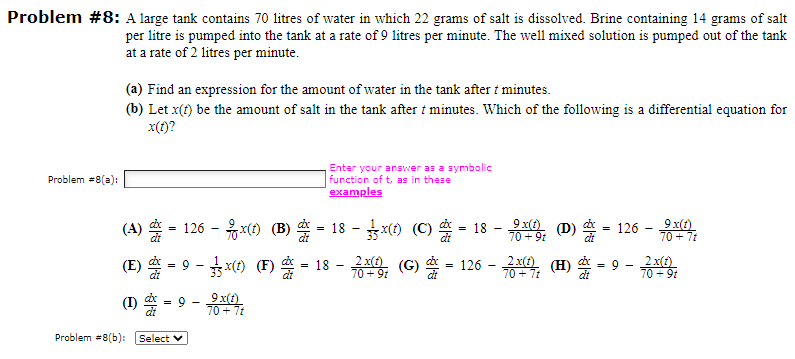 Solved Problem #8: A Large Tank Contains 70 Litres Of Water | Chegg.com