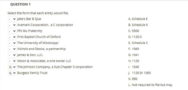 Question 1 Select The Form That Each Entity Would Chegg Com