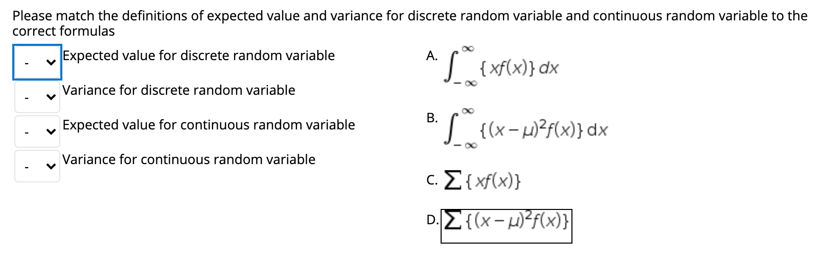 Solved Please match the definitions of expected value and | Chegg.com