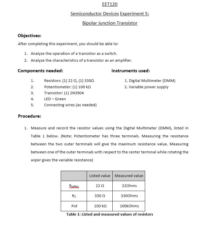 Solved EET120 Semiconductor Devices Experiment 5 Bipolar