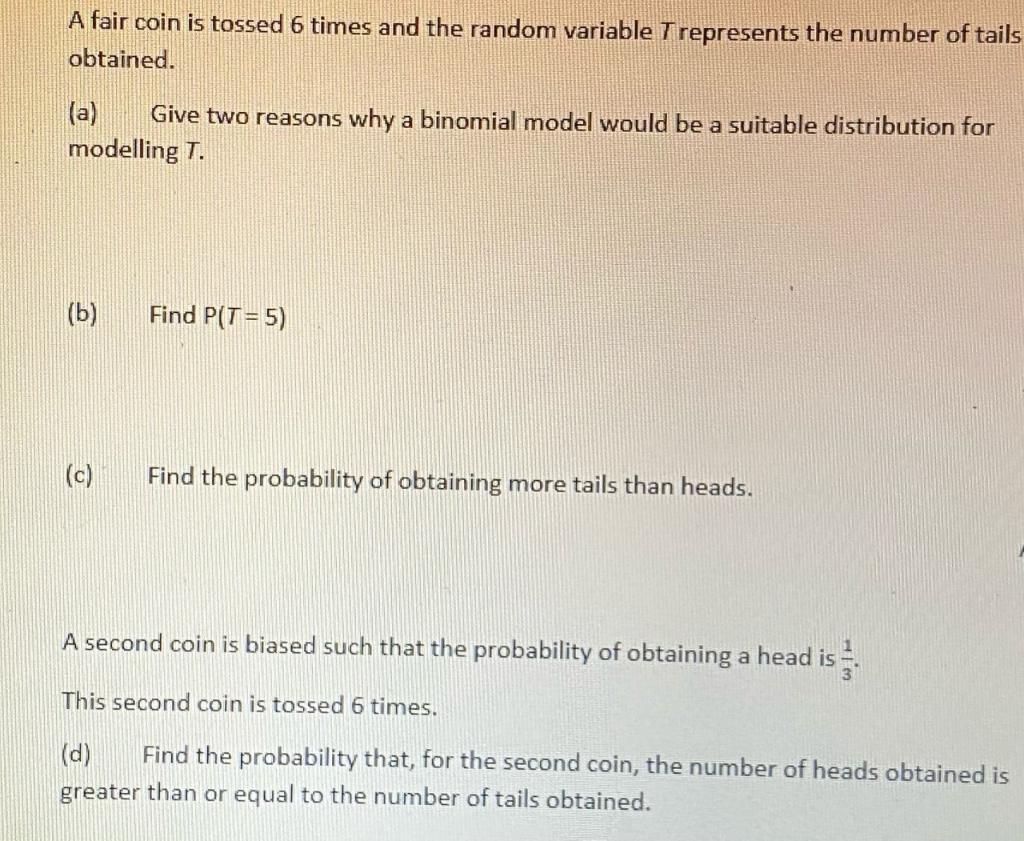 Solved A Fair Coin Is Tossed 6 Times And The Random Variable | Chegg.com