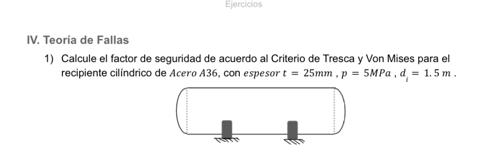 IV. Teoría de Fallas 1) Calcule el factor de seguridad de acuerdo al Criterio de Tresca y Von Mises para el recipiente cilínd