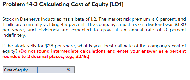 Solved Problem 14-3 Calculating Cost Of Equity [LO1] Stock | Chegg.com