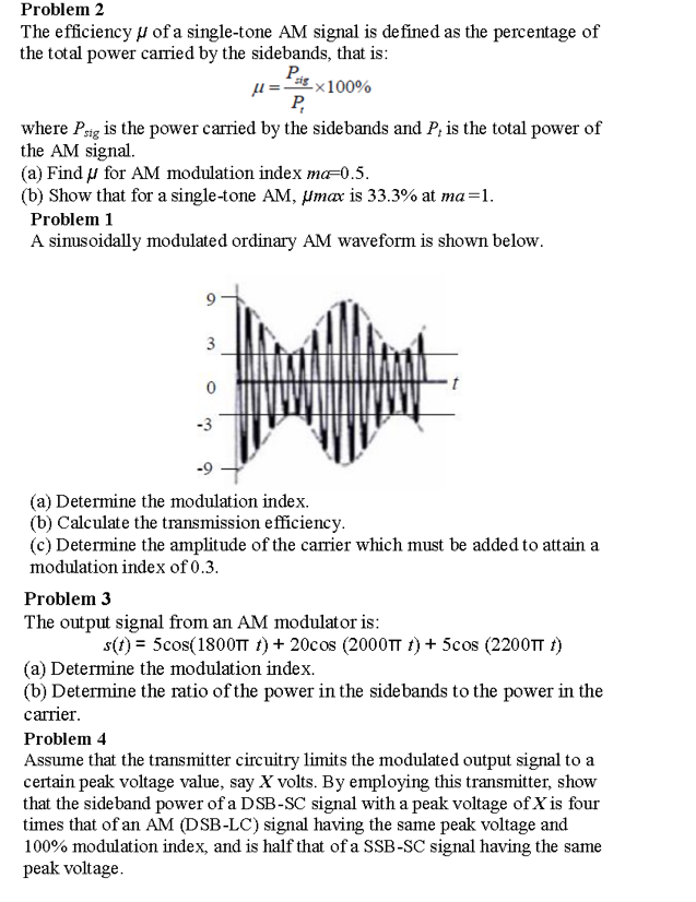 Solved Problem 2The efficiency μof ﻿a single-tone AM ﻿signal | Chegg.com