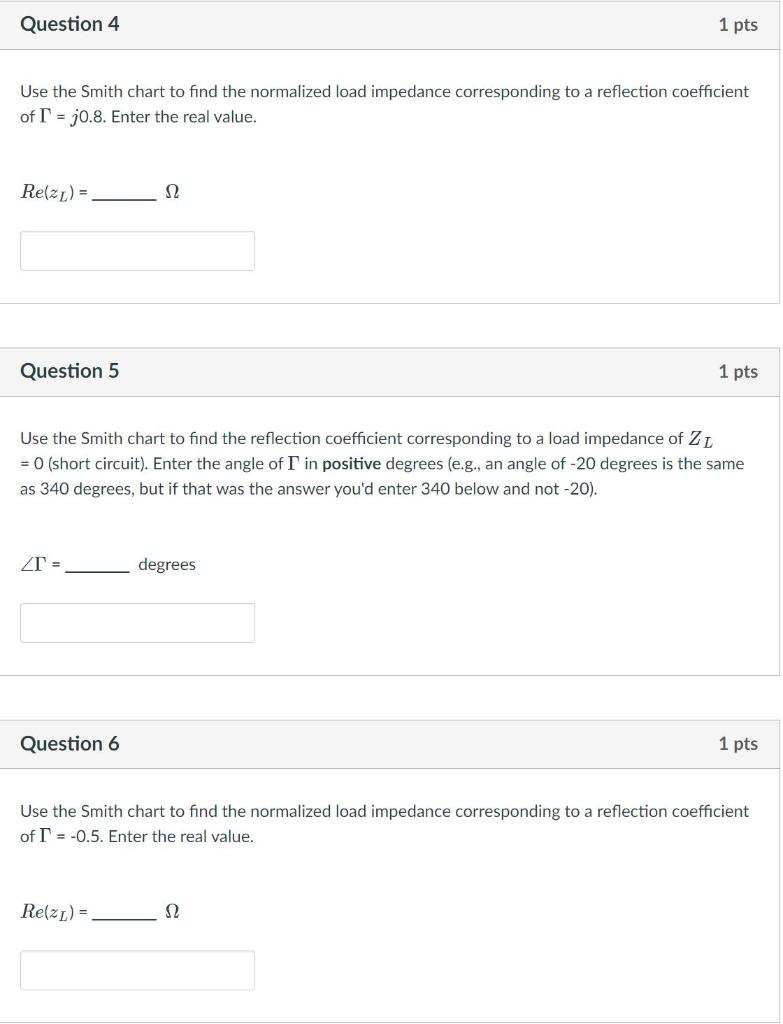 Solved Question 4 1 pts Use the Smith chart to find the | Chegg.com