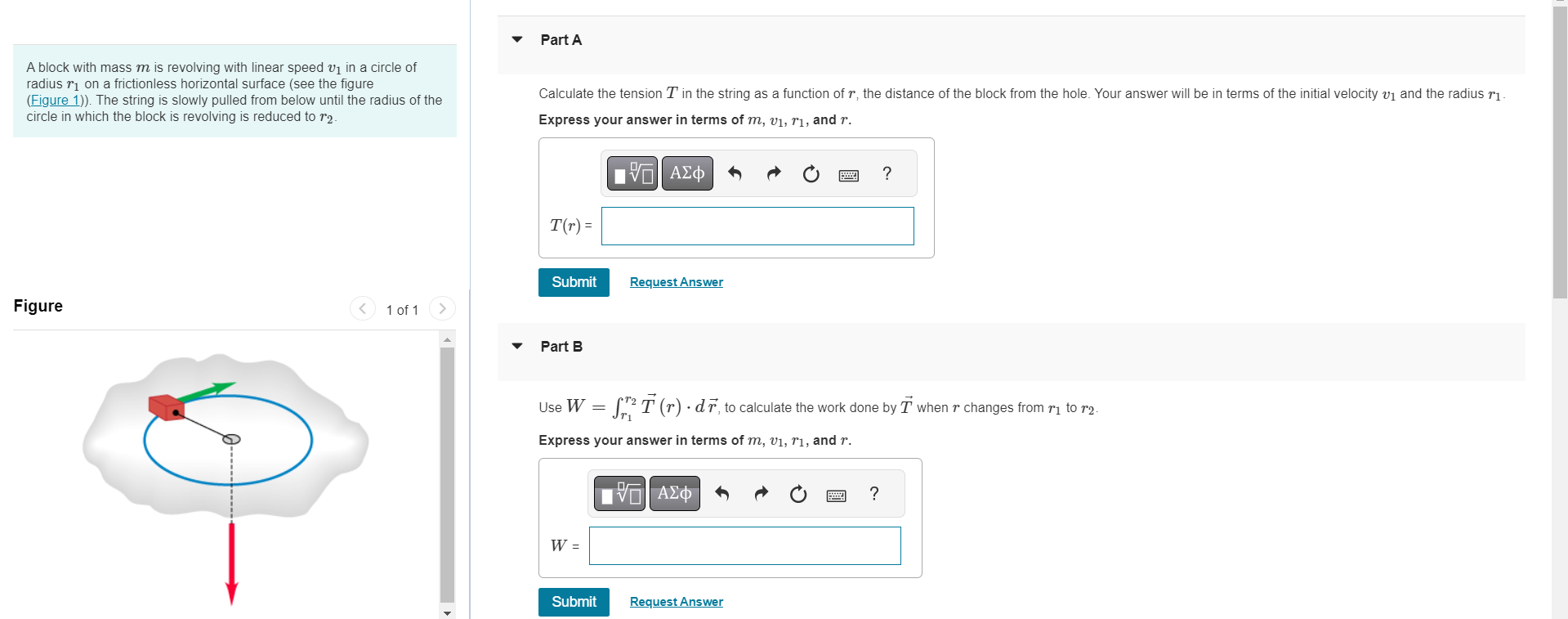 Solved A block with mass m is revolving with linear speed v1 | Chegg.com