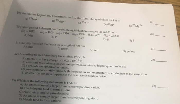 Solved 19) An ion has 12 protons, 13 neutrons, and 10 | Chegg.com