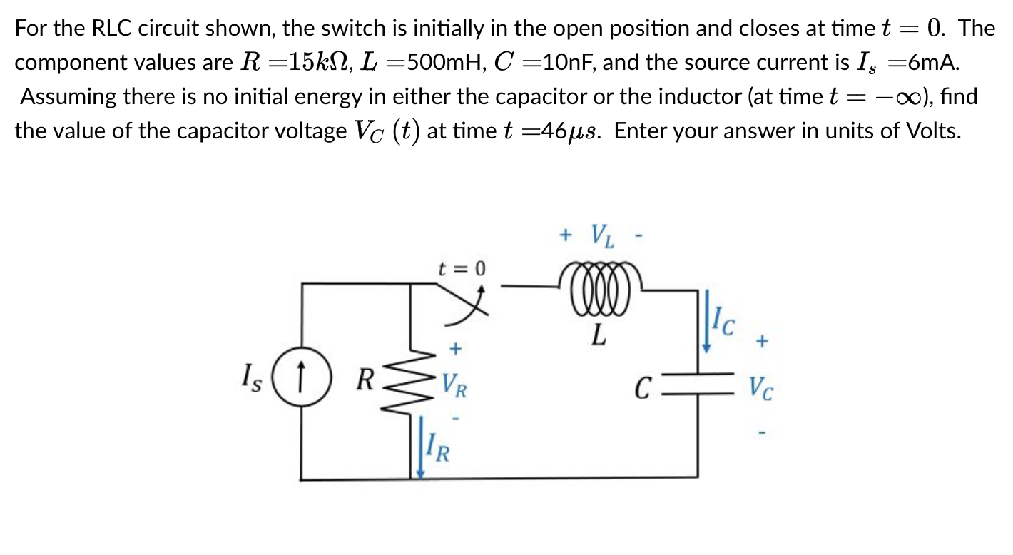 Solved For The Rlc Circuit Shown The Switch Is Initial