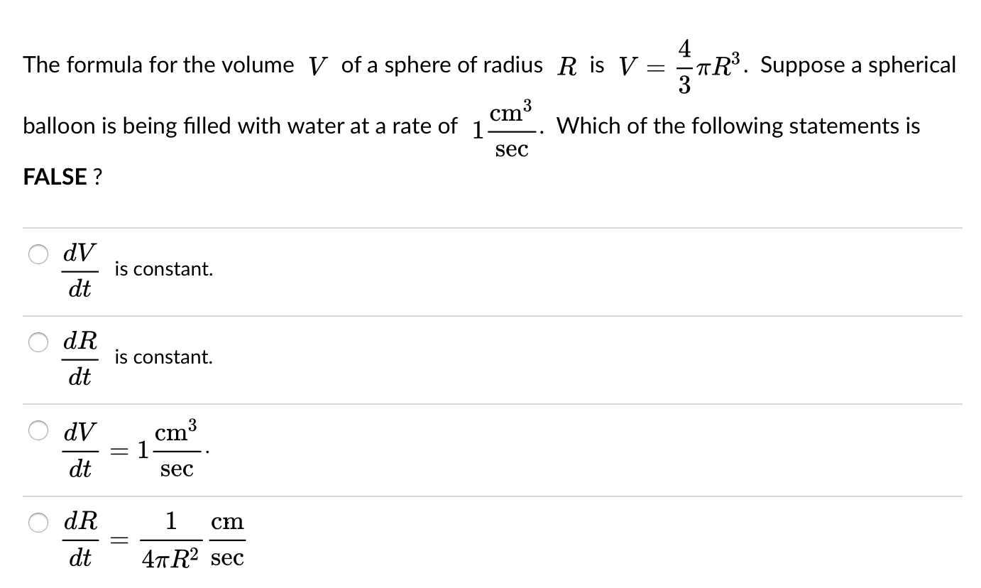 Solved The formula for the volume V of a sphere of radius R | Chegg.com