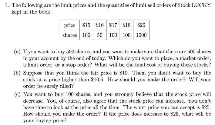 Solved 1. The following are the limit prices and the | Chegg.com